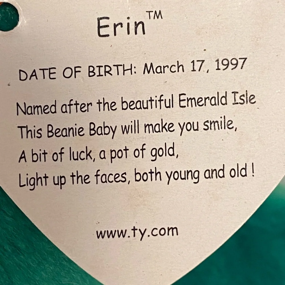 TY Erin Beanie Baby Babies Erin embroidered shamrock teddy bear 90s 1997 vintage - Picture 14 of 16
